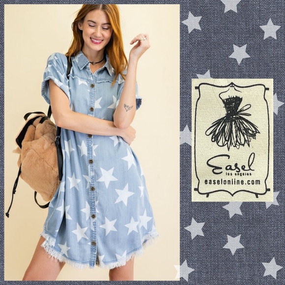 easel Dresses & Skirts - RESTOCKED Easel Lightweight Distressed Denim Shirt Dress - Slightly darker shade